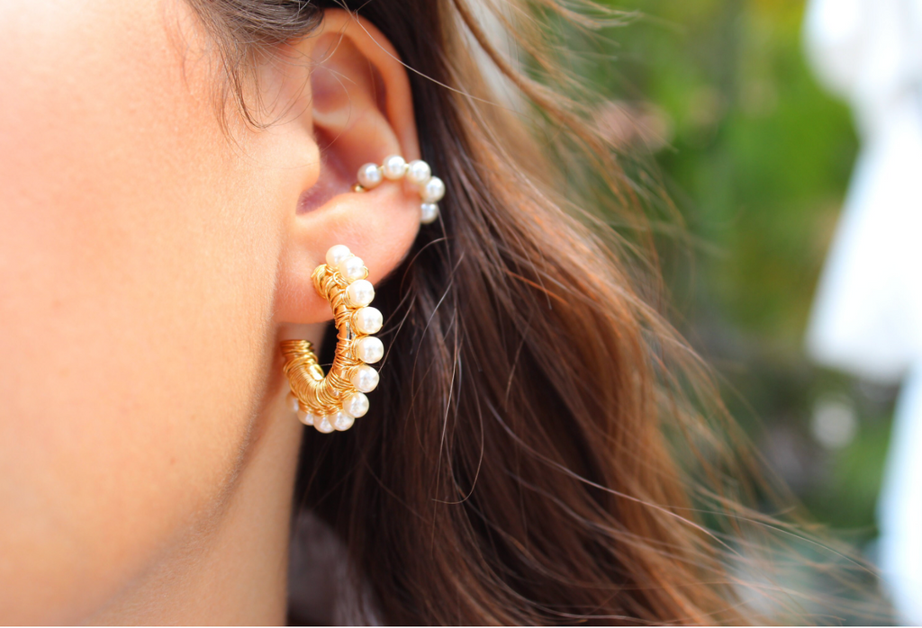 Pearl Wire Wrapped Gold Hoop Earrings & Pearl Ear Cuffs